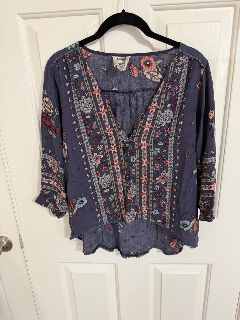 Jaase Navy Floral Boho V-Neck Tunic with Pink & Teal Accents Oversized Buttons